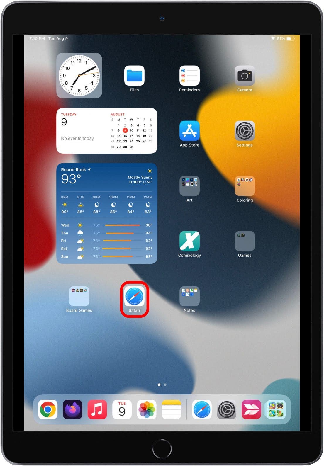 iPad-Startbildschirm mit markiertem Safari-App-Symbol.