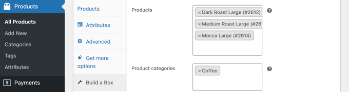 Wählen Sie die Produkte oder Produktkategorien aus, die der Box hinzugefügt werden können