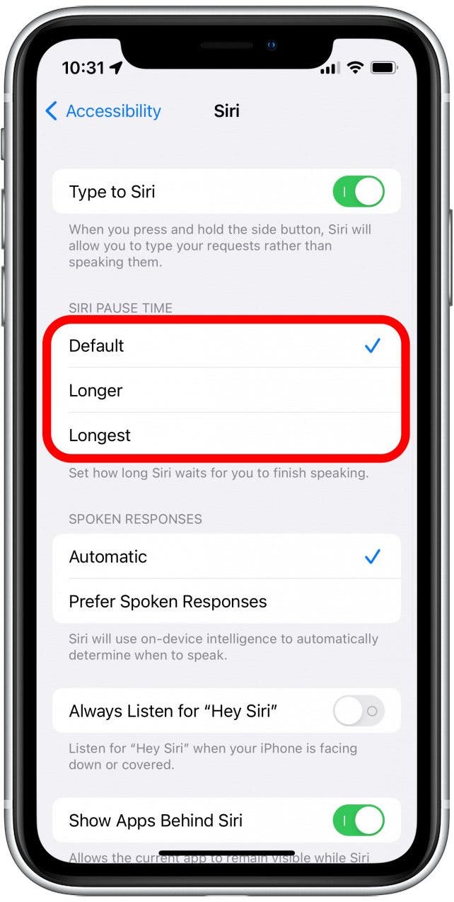 Unter Siri-Pausenzeit kannst du einstellen, wie lange Siri Pause macht, wenn du sprichst.