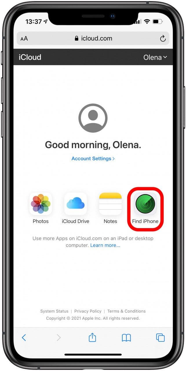 Tippen Sie auf „iPhone in iCloud suchen“.