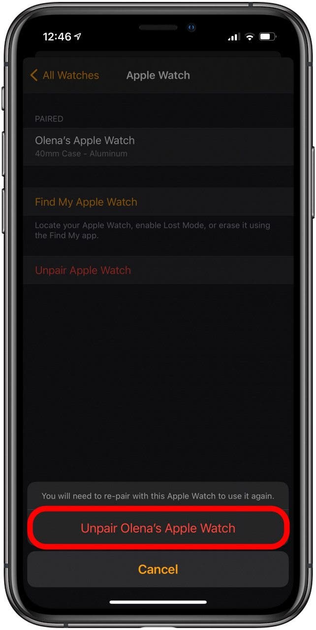 Bestätigen Sie, dass Sie die Apple Watch entkoppeln möchten