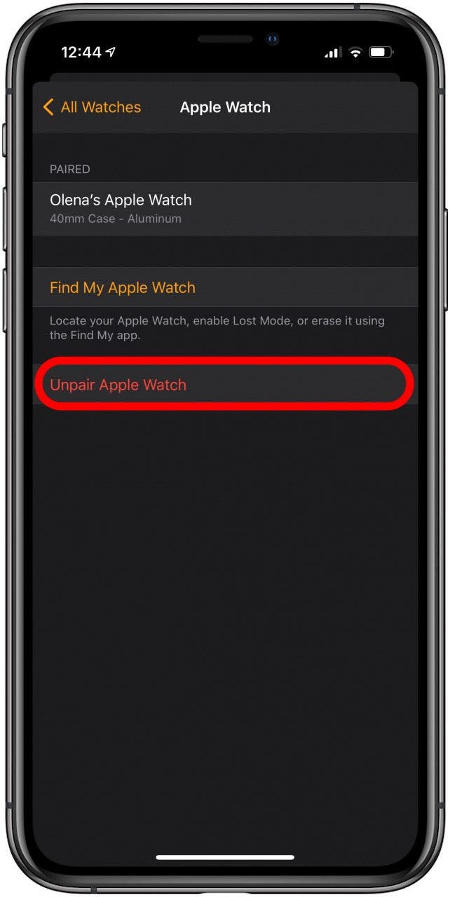 Tippen Sie auf Apple Watch entkoppeln, um sie vom iPhone zu entkoppeln