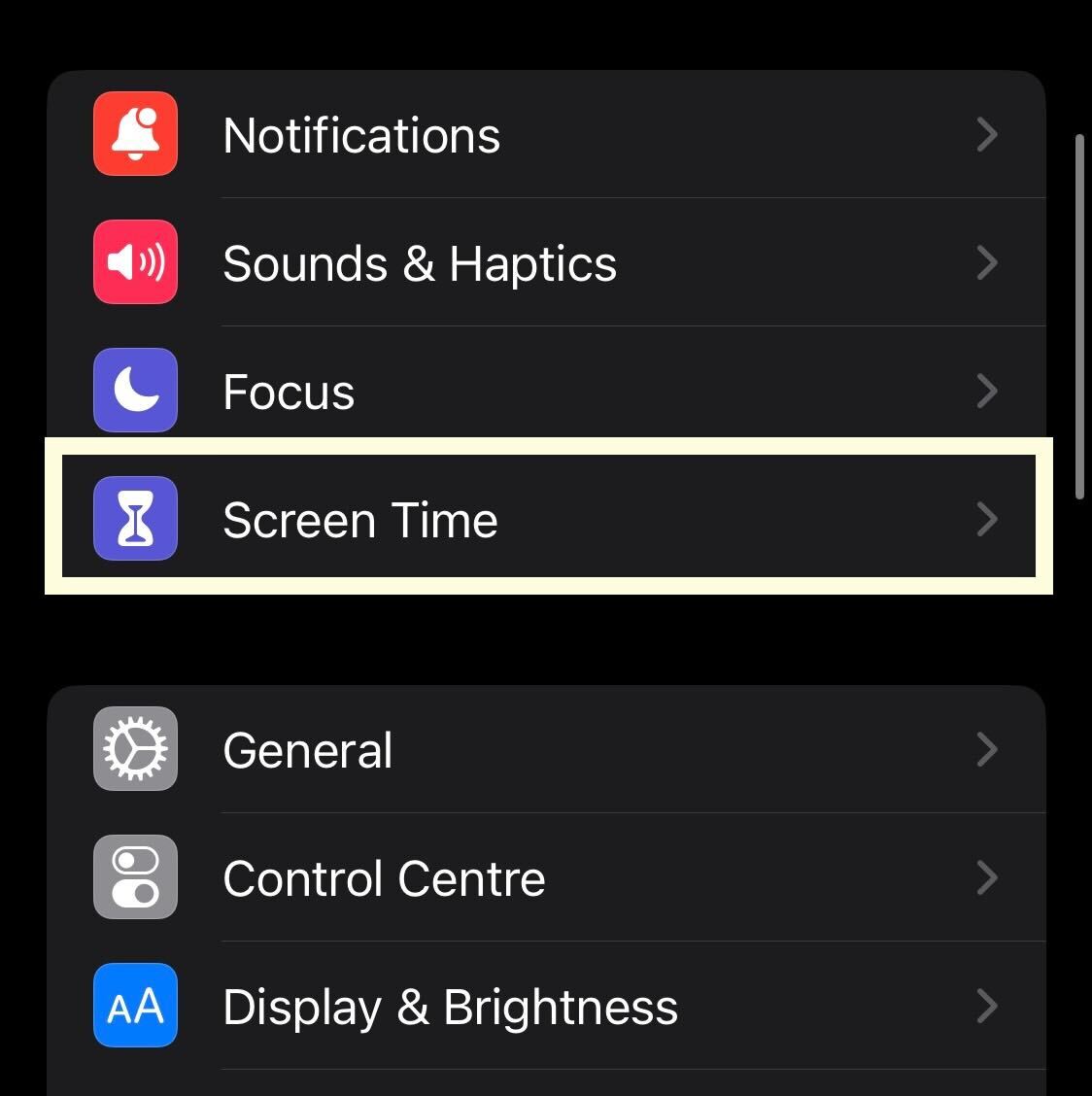 Schaltfläche „Bildschirmzeit“ auf dem iPhone