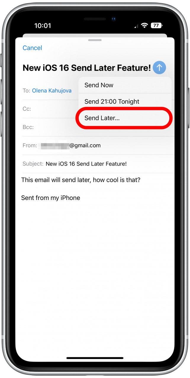 Um es zu einer benutzerdefinierten Lieferzeit zu senden, tippen Sie auf Später senden….