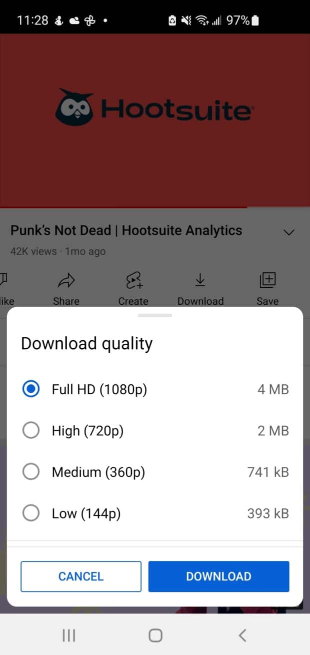 Wählen Sie die Qualität der Download-Auflösung von Full HD bis niedrig