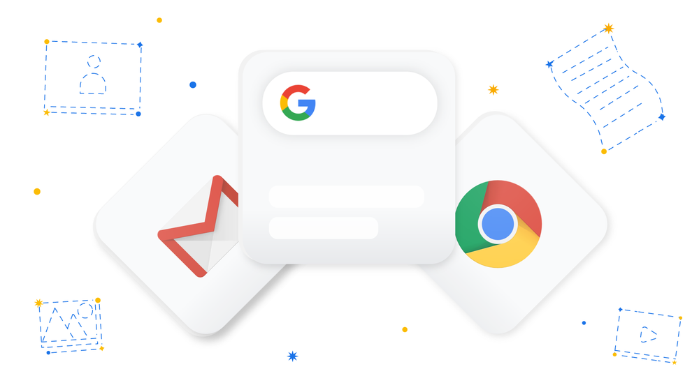 Logos von Chrome, Google-Suchleiste und Gmail auf weißem Hintergrund