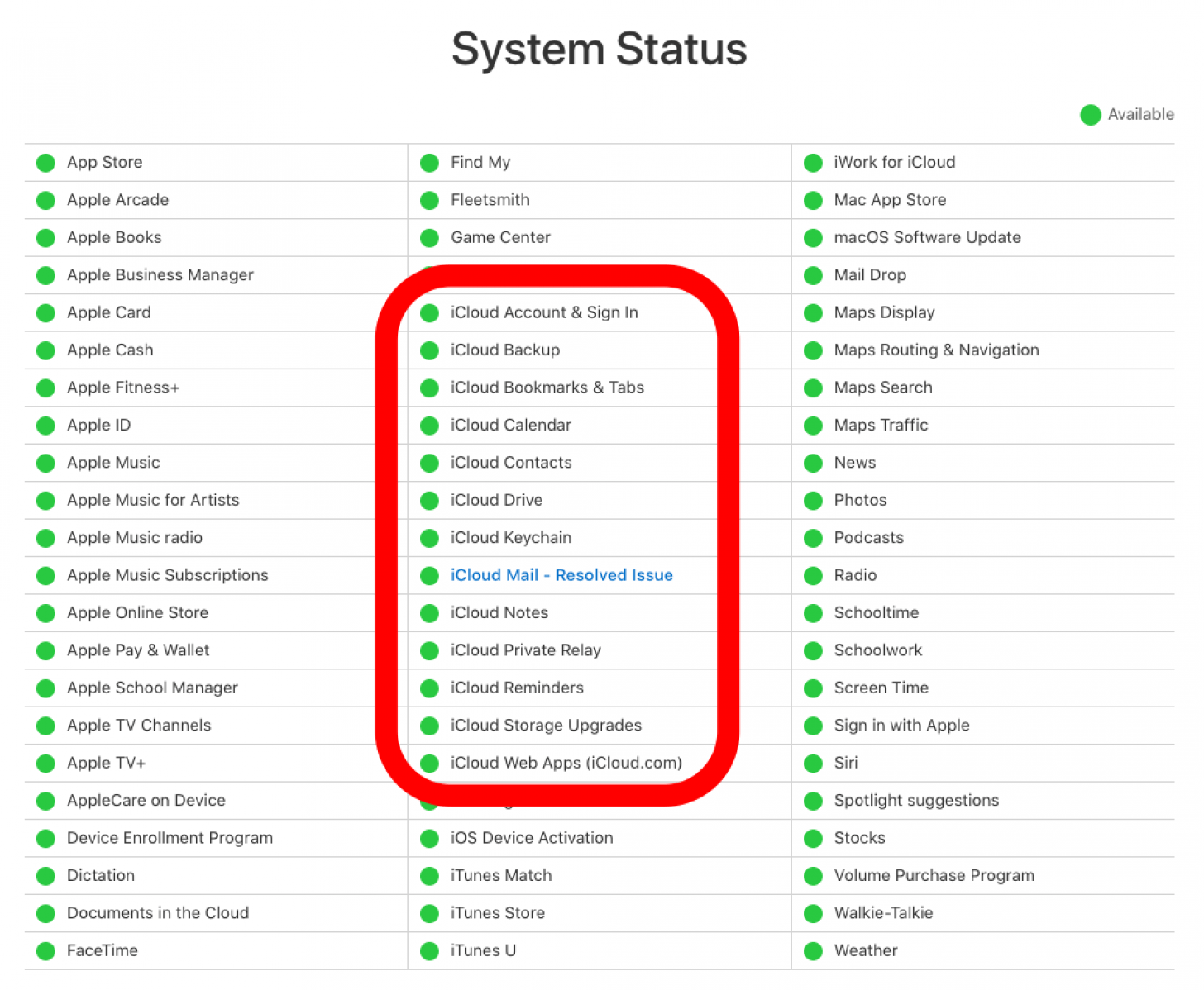 Apple-Systemstatusseite