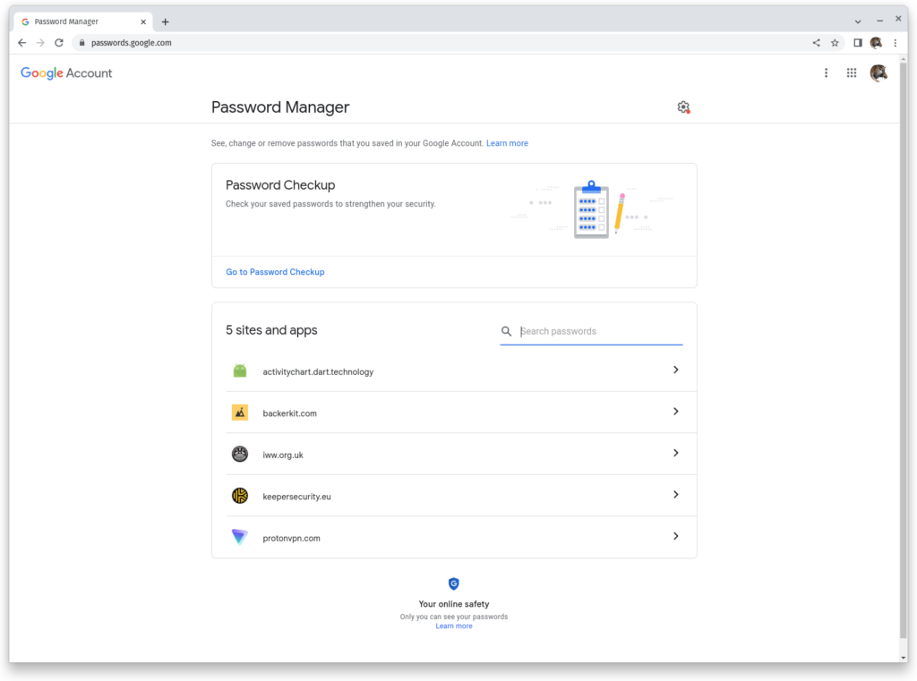 Weboberfläche des Google Passwort-Managers