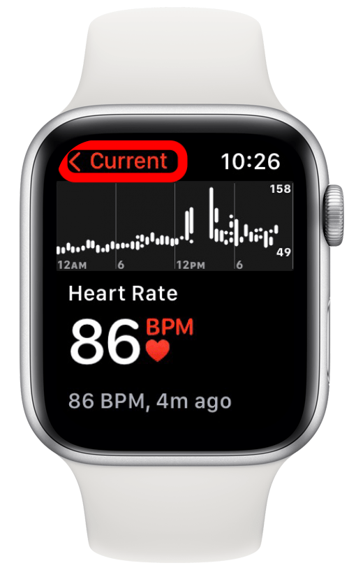 Nach einigen Sekunden sehen Sie Ihre aktuelle Herzfrequenz.  Tippen Sie auf Aktuell