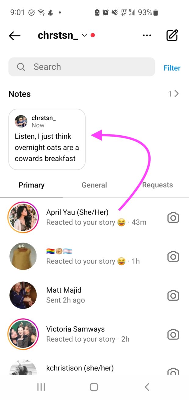 Instagram-Notizen im Posteingang über Direktnachrichten gefunden
