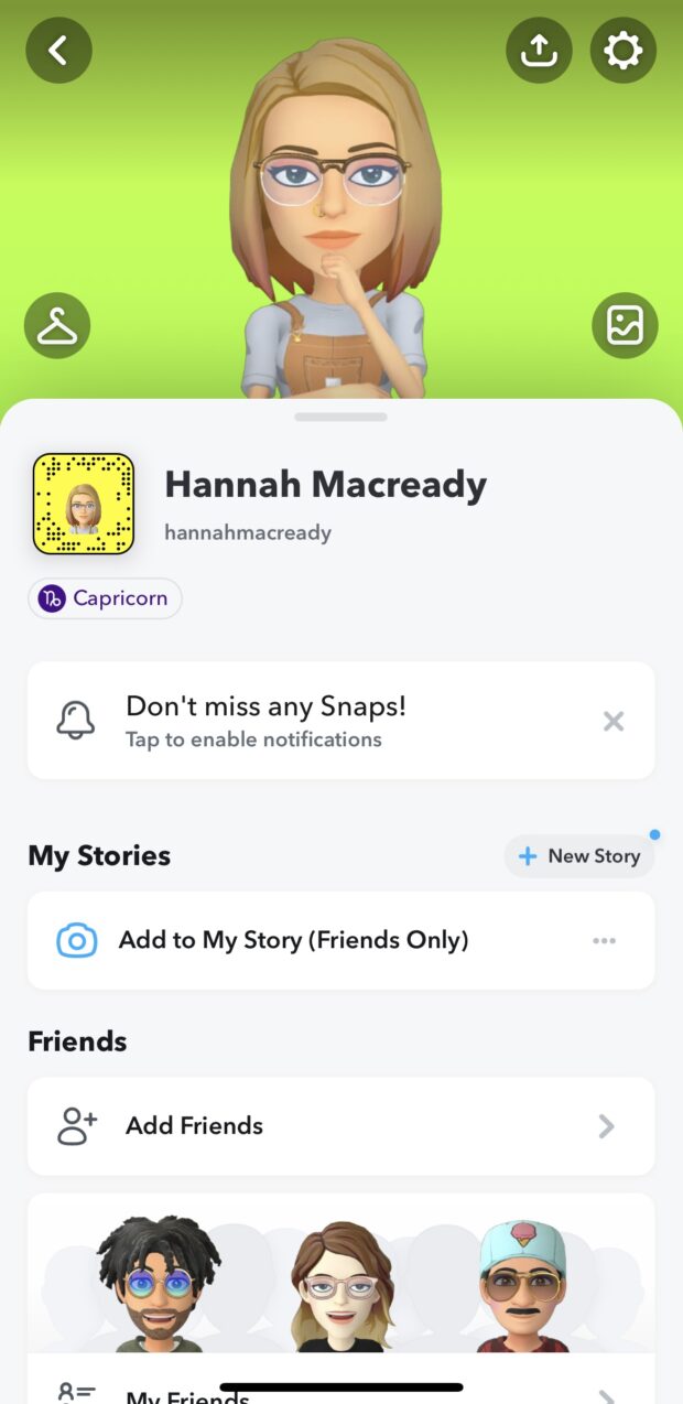 Snapchat-Benutzerprofil mit Sternzeichen unter dem Benutzernamen
