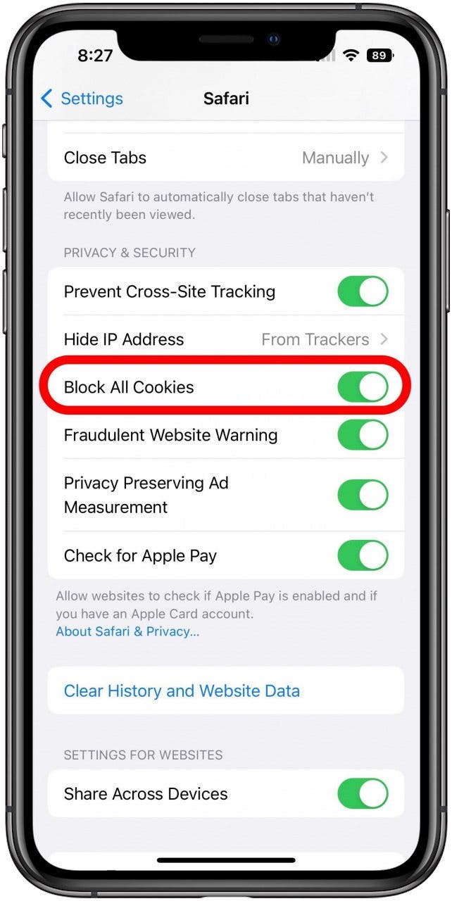 Bildschirm „Safari-Einstellungen“ mit markierter Option „Alle Cookies blockieren“.
