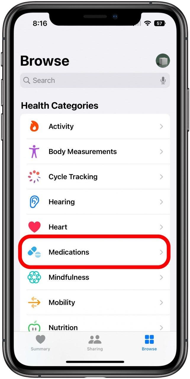 Health-App auf der Registerkarte „Durchsuchen“ mit markierter Option „Medikamente“.