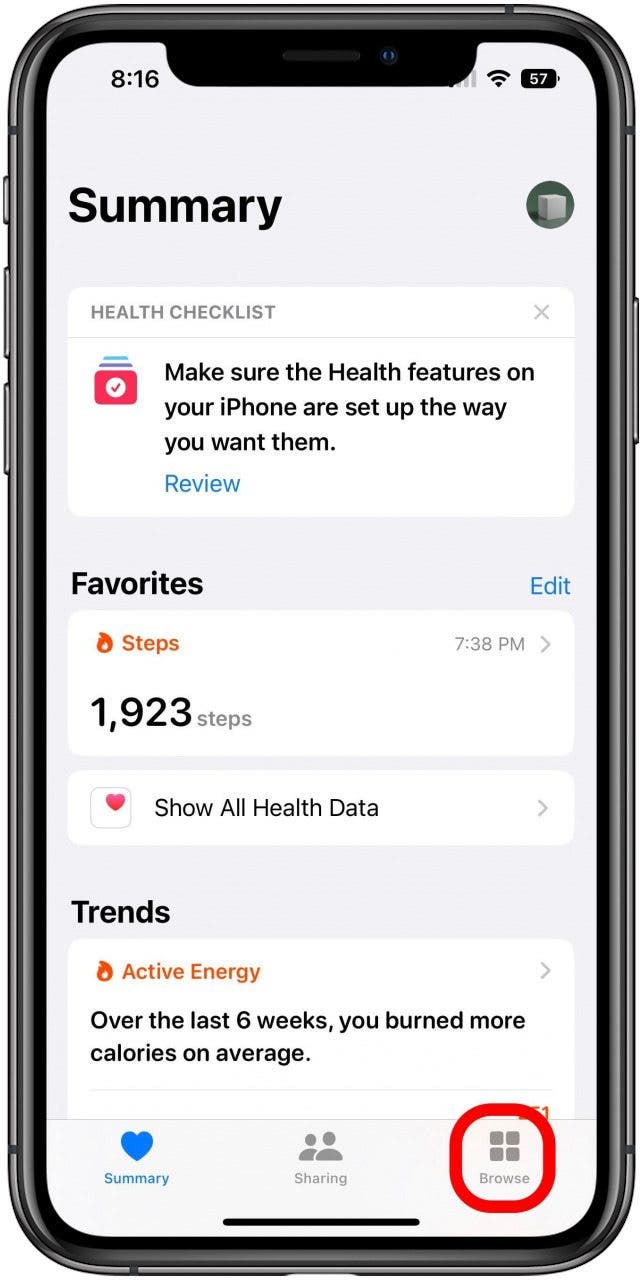 Health-App auf der Registerkarte „Übersicht“ mit markierter Registerkarte „Durchsuchen“.