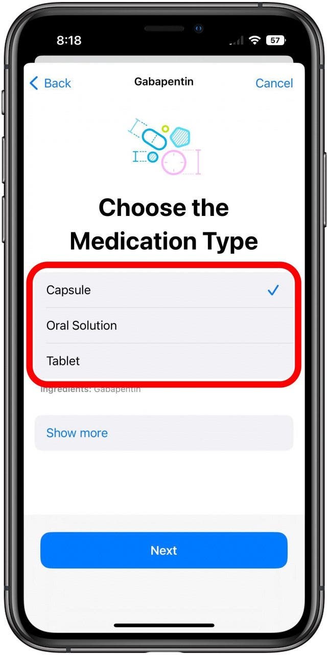 Health-App auf dem Bildschirm „Neue Medikation“ mit markiertem Typ-Auswahlfeld.