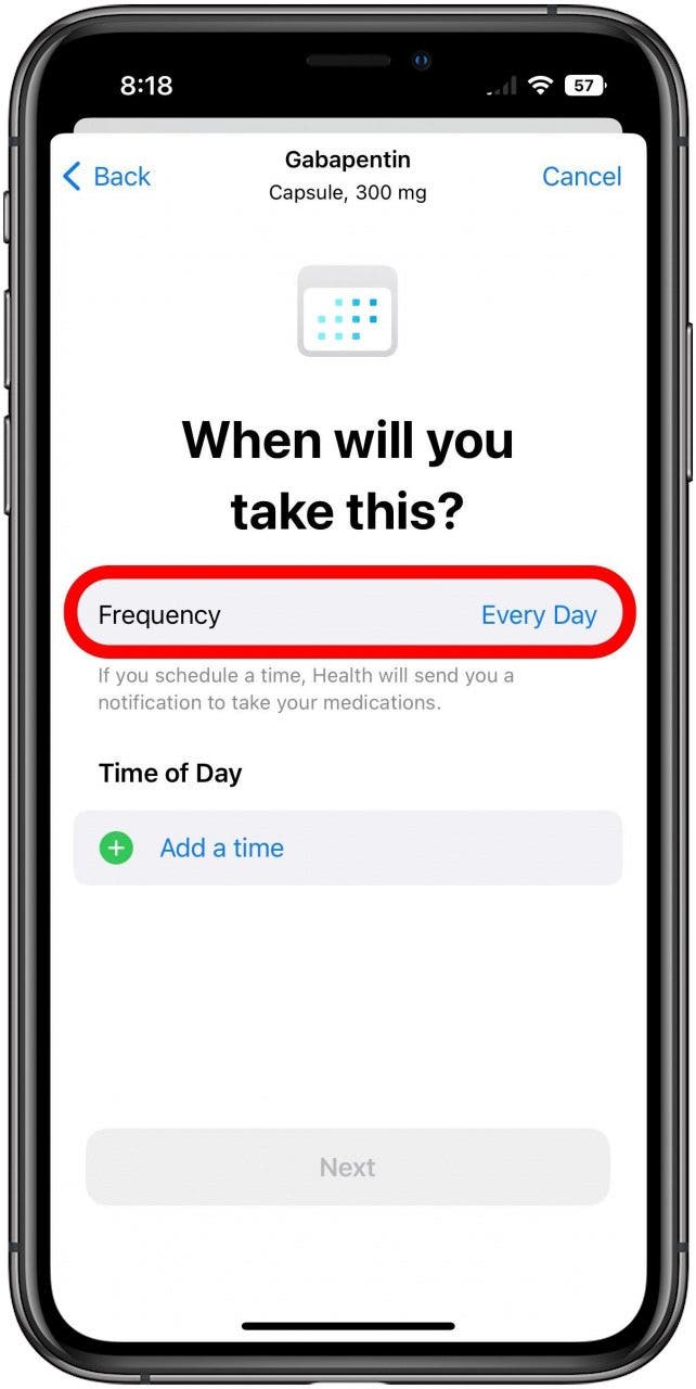 Gesundheits-App auf dem neuen Medikationsbildschirm, um die Häufigkeit auszuwählen.