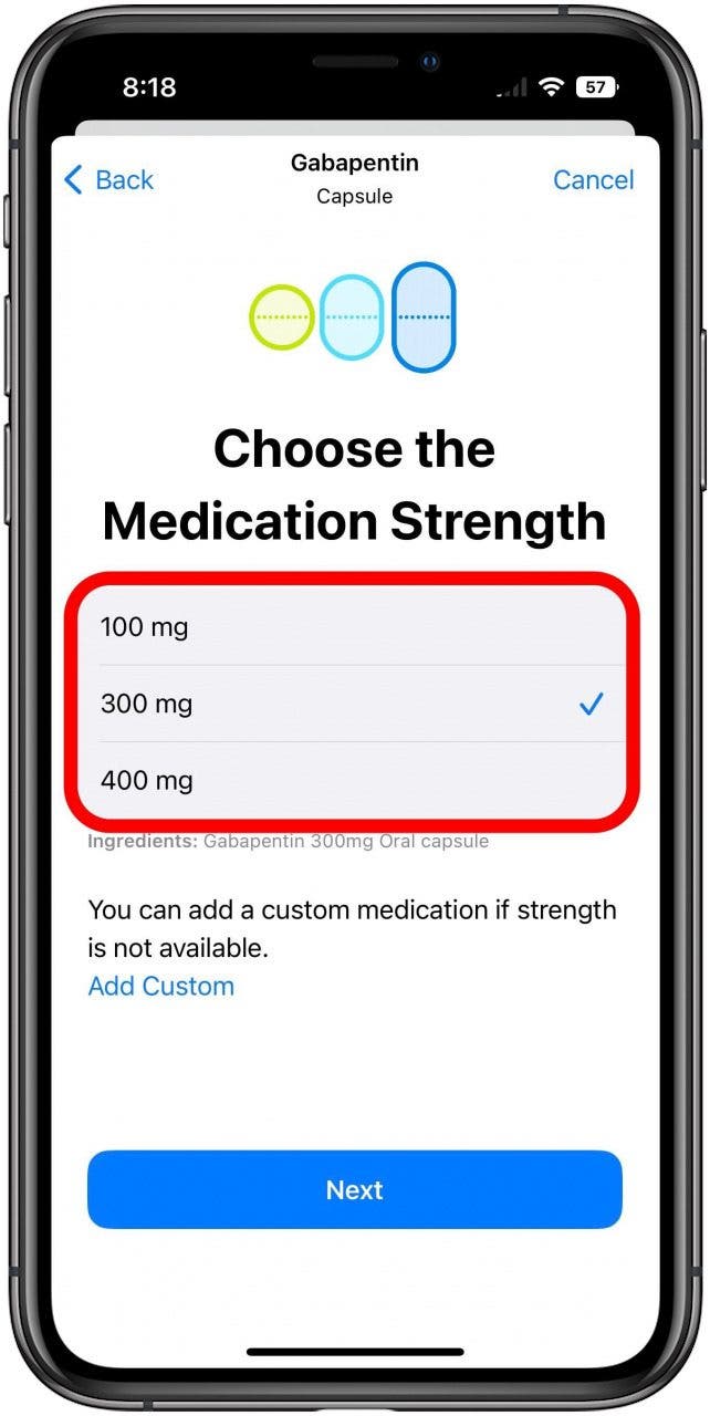 Health-App auf dem neuen Medikationsbildschirm mit markiertem Kästchen zur Auswahl der Stärke.