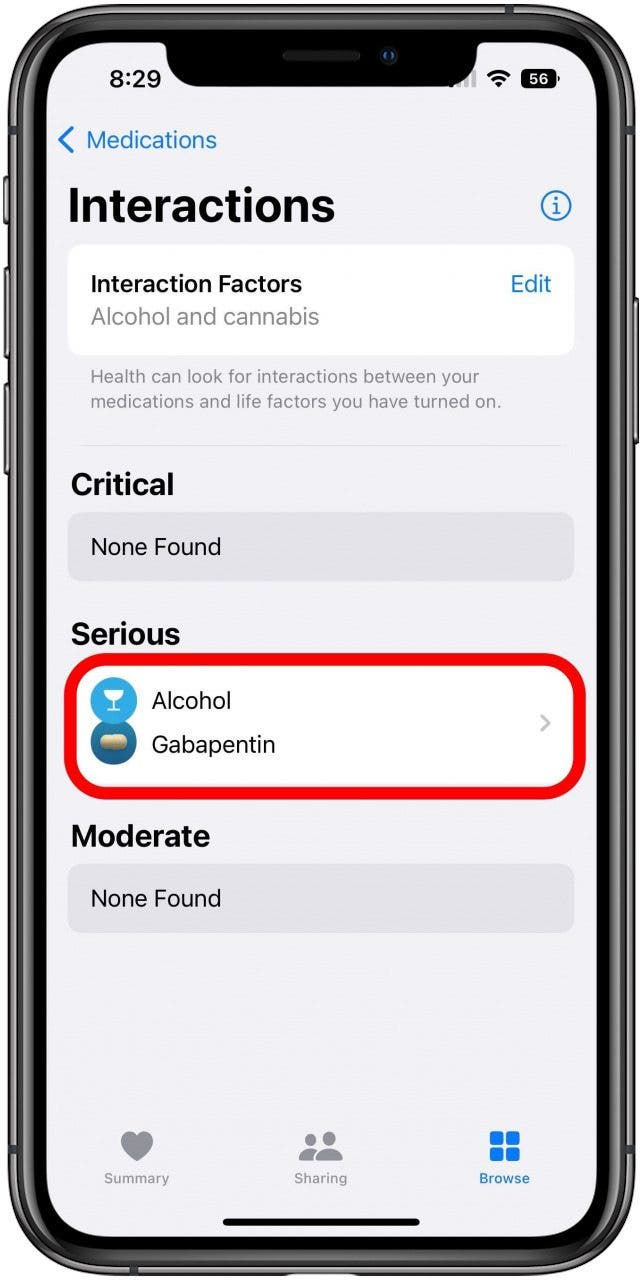 Health-App auf dem Bildschirm „Medikamente“ für alle Interaktionswarnungen mit einer markierten Warnung.