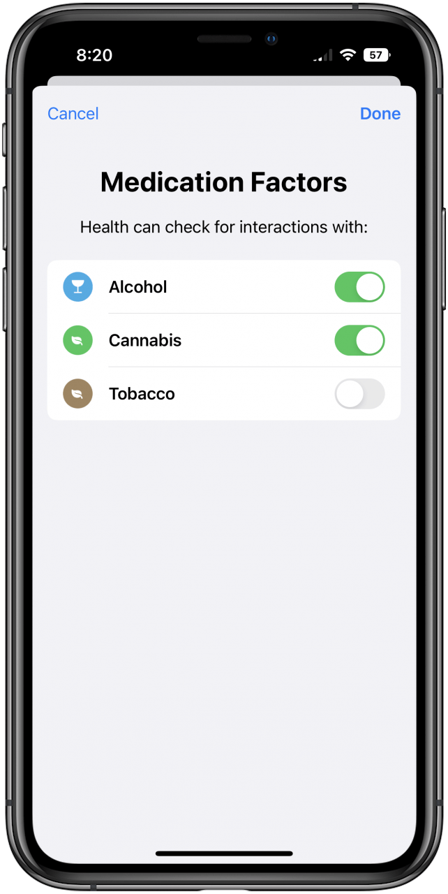 Health-App auf dem Bildschirm „Medikamente“ für alle Interaktionswarnungen mit markierter Bearbeitungsoption „Interaktionsfaktoren“.
