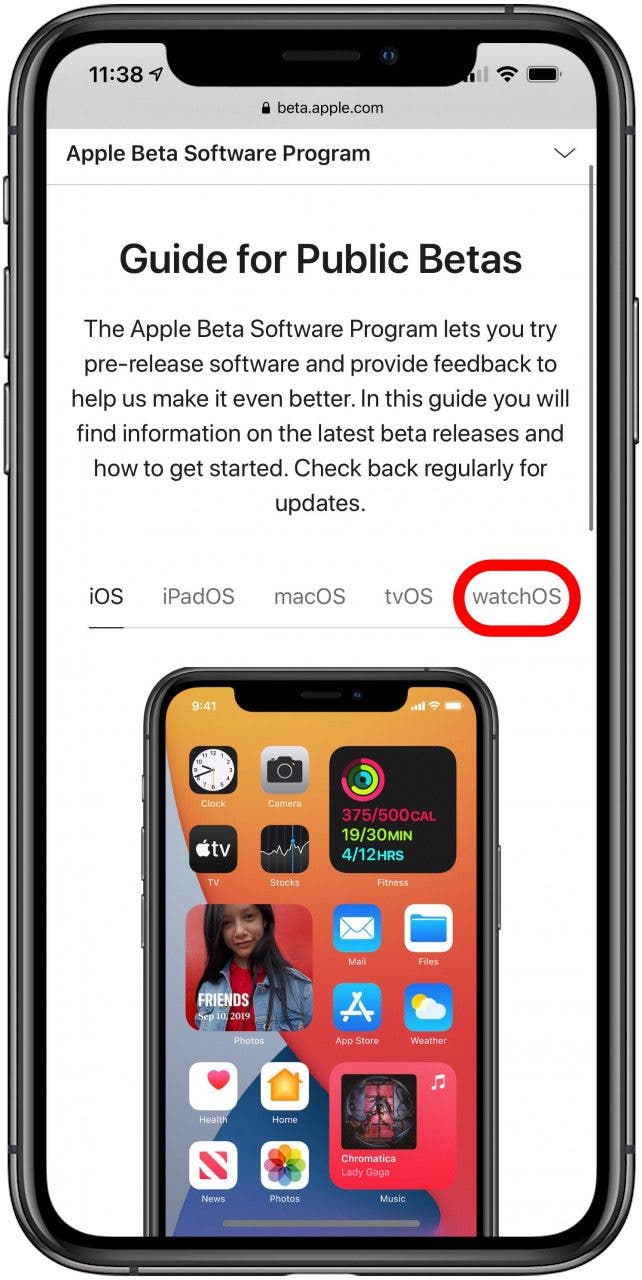 Verwenden Sie nach der Registrierung Ihres iPhones diesen Link oder tippen Sie auf der Seite des Apple Beta-Softwareprogramms auf watchOS.