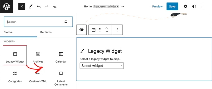 Das Legacy-Widget ist jetzt im vollständigen Site-Editor verfügbar