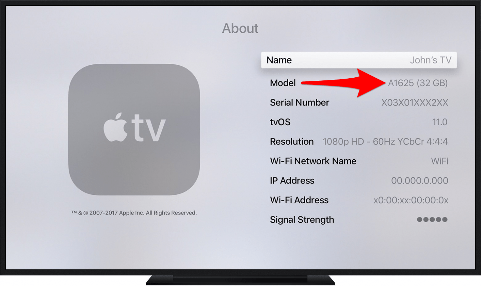 Die Apple TV-Einstellungen zeigen Ihnen die Modellnummer an
