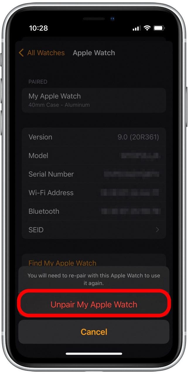 Tippen Sie auf „Meine Apple Watch entkoppeln“, um zu bestätigen, dass Sie fortfahren möchten.