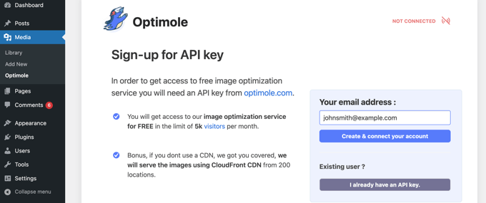Sie benötigen einen Optimole-API-Schlüssel