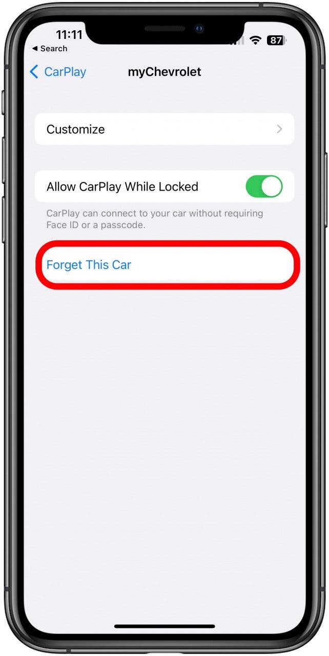 Tippe auf „Dieses Auto vergessen“, um das Auto von Apple Carplay zu trennen
