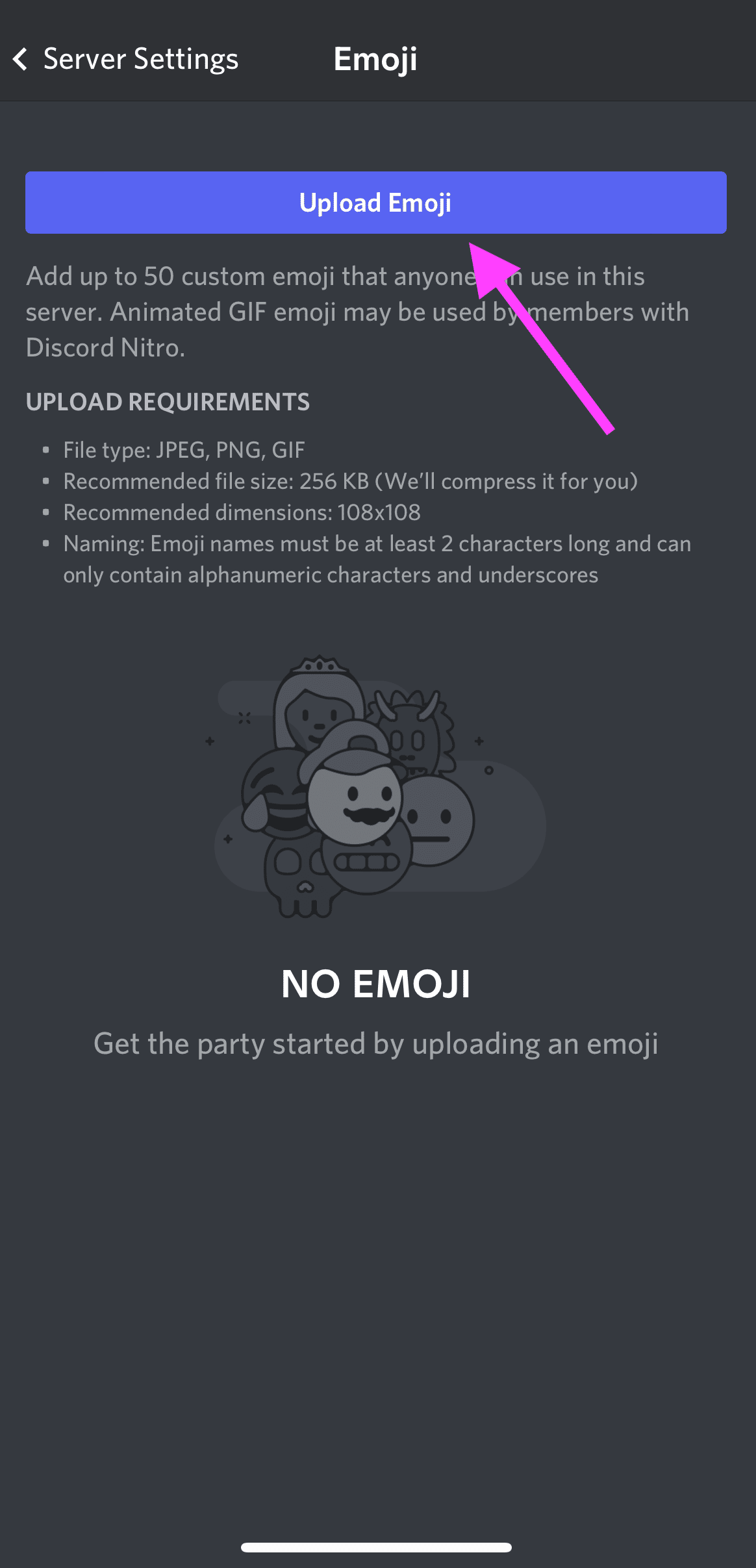 Emoji-Optionen in den Einstellungen des Discord-Servers hochladen