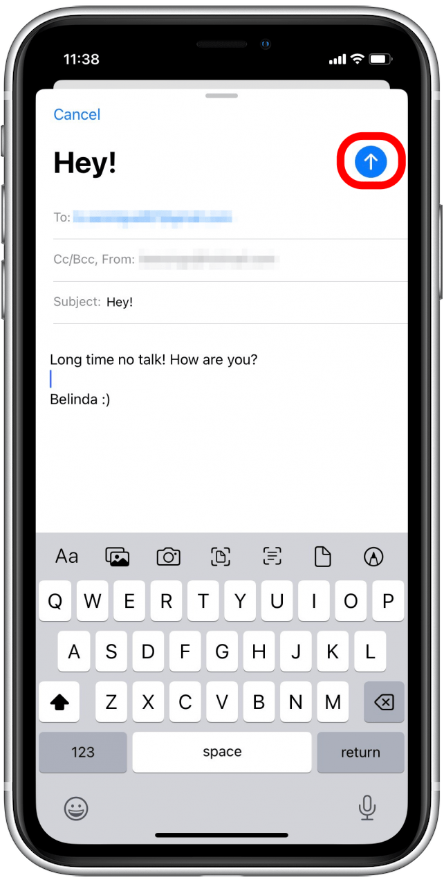 Drücken Sie lange auf das Senden-Symbol, um eine E-Mail in Apple Mail zu planen 