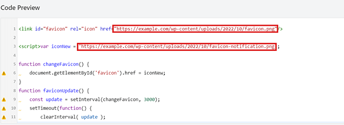 Fügen Sie den HTML-Code ein und entfernen Sie die Beispiel-Favicon-Bildlinks