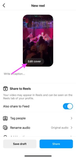 Cover-Schaltfläche bearbeiten, die im Instagram-Reel-Upload angezeigt wird