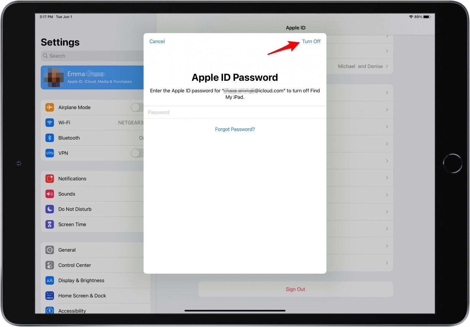 Tippen Sie auf Deaktivieren, um iCloud auf dem iPad zu deaktivieren und das iPad zu verkaufen