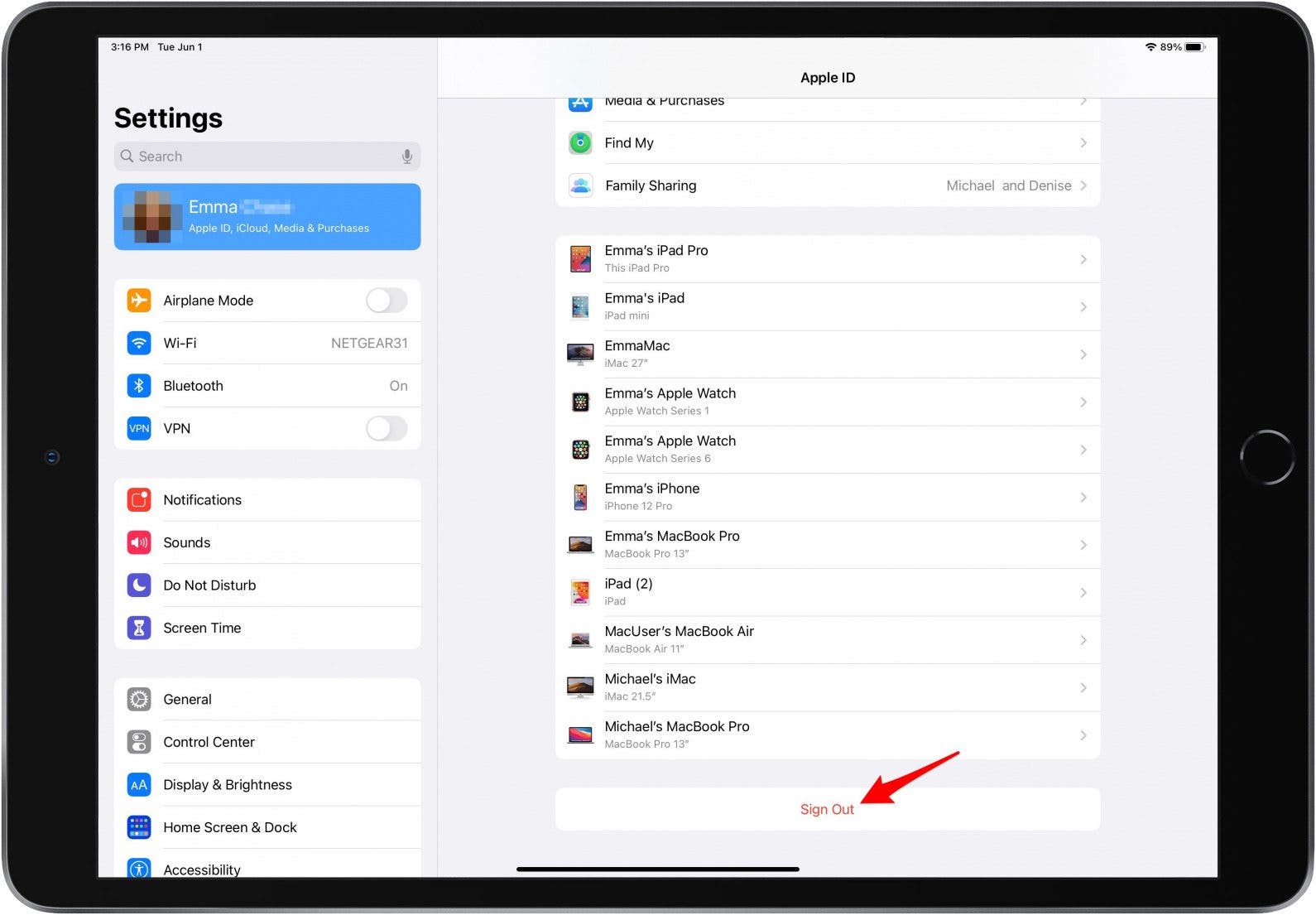 Tippen Sie auf Abmelden, um sich auf dem iPad von iCloud abzumelden