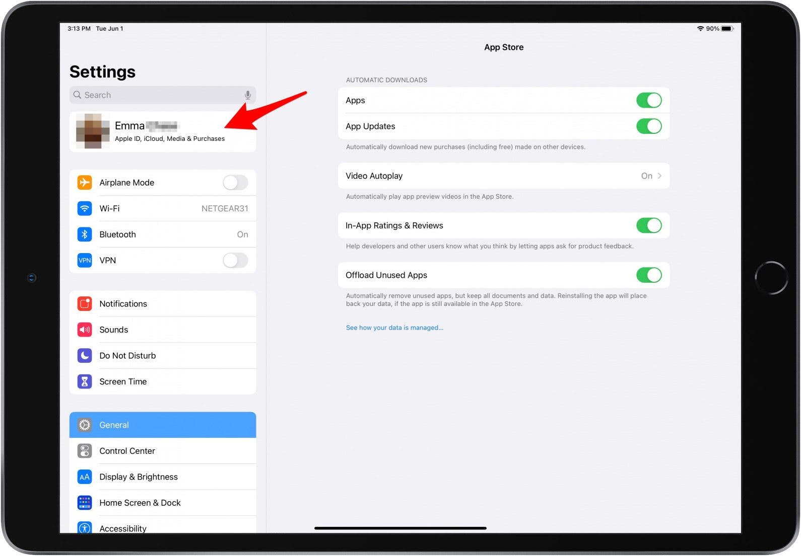 Tippen Sie auf Ihr Apple-ID-Profil, um es zu sichern und das iPad zu verkaufen