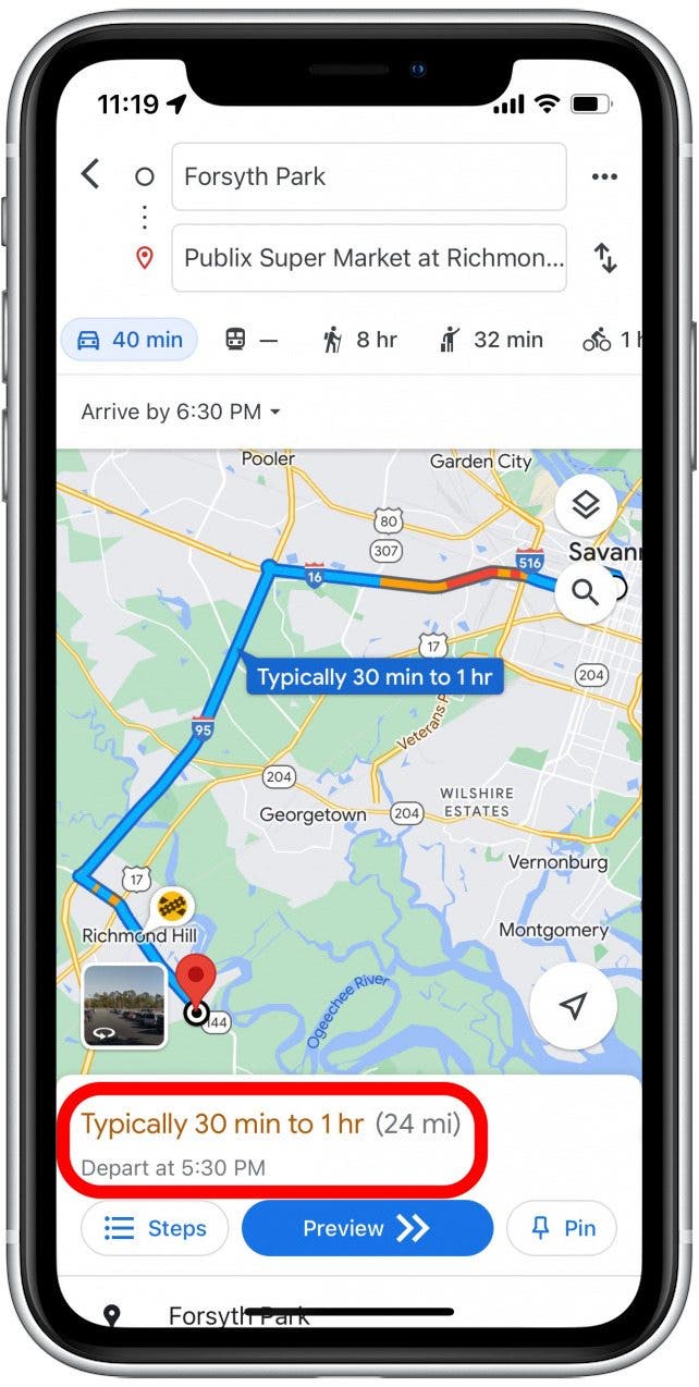 Google Maps zeigt Ihnen, wie der Verkehr für Ihre Reise aussehen wird und wann Sie losfahren müssen, um pünktlich anzukommen.