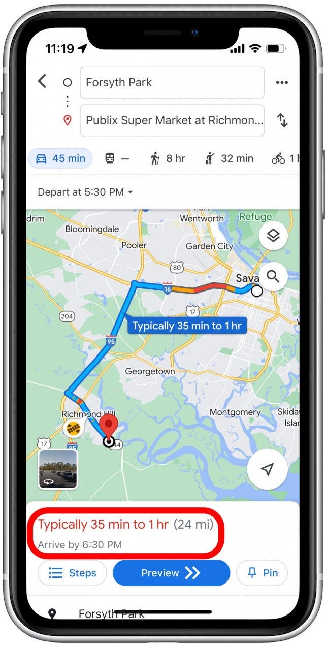 Google Maps zeigt Ihnen den geschätzten Verkehr für Ihre Reise und die voraussichtliche Ankunftszeit.