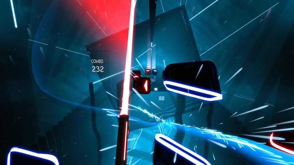 Screenshot aus einem VR-Spiel namens Beat Sabre