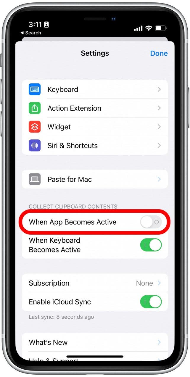 Tippen Sie auf den Umschalter neben Wenn die App aktiv wird, bis er grün wird.