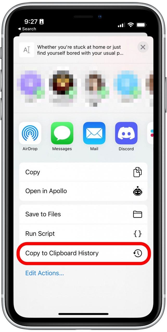 Tippen Sie auf In den Verlauf der Zwischenablage kopieren, um den ausgewählten Text in die App „Einfügen“ zu kopieren.