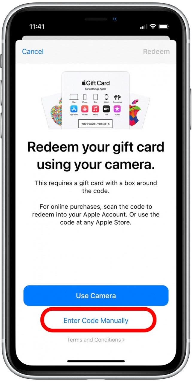 Wählen Sie „Code manuell eingeben“, um Ihren Apple-Geschenkkartencode einzugeben. 