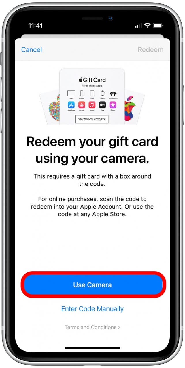 Tippen Sie auf Kamera verwenden, um die iTunes-Geschenkkarte mit der Familienfreigabe einzulösen.  