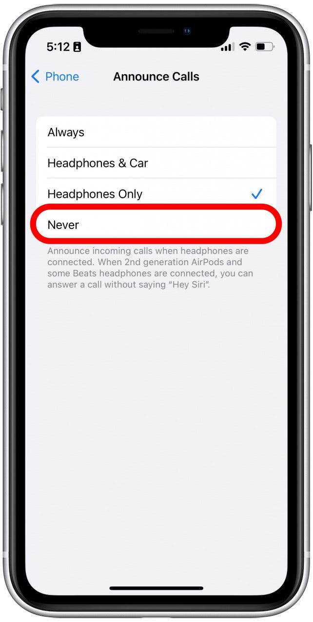 Wenn Sie verhindern möchten, dass AirPods Anrufe ankündigt, müssen Sie auf Nie tippen, da die anderen drei Optionen alle Kopfhörer enthalten.