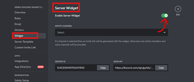 Schalten Sie den Schalter zum Aktivieren des Server-Widgets um