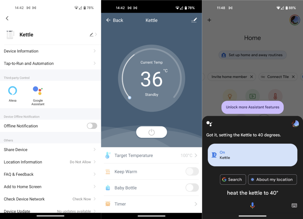 Das App-Menü des WeeKett Smart Wi-Fi Kettle