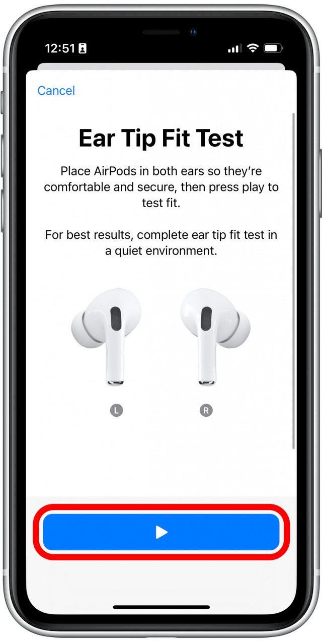 Tippen Sie bei eingesetzten AirPods auf das Wiedergabesymbol, um einen Testton abzuspielen, der Ihrem iPhone hilft, die richtige Ohrstöpselgröße für Sie zu bestimmen.
