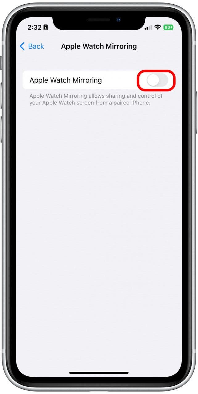 Aktivieren Sie die Apple Watch-Spiegelung.  Es ist grün, wenn es aktiviert ist, und ein Live-Bild Ihrer Apple Watch wird auf dem Bildschirm angezeigt.
