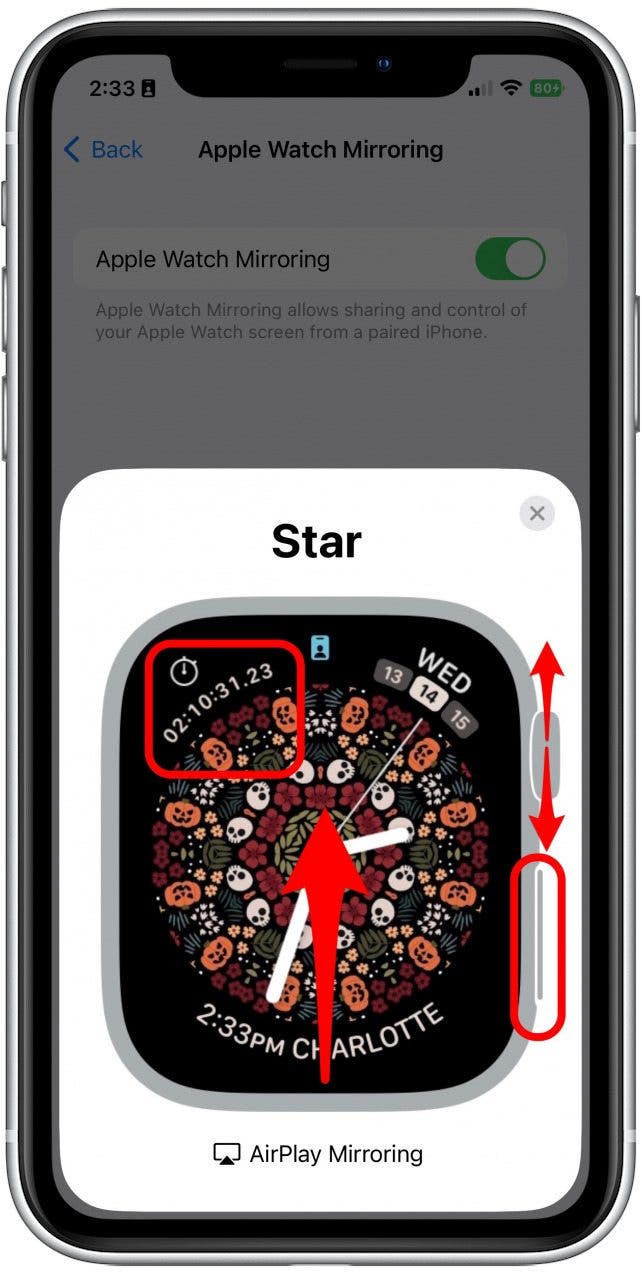 Jetzt können Sie Ihre Apple Watch steuern, indem Sie wie bei der Apple Watch auf das Bild tippen.  Sie können auch die Krone und die Seitentaste drücken sowie Ihren Finger nach oben und unten über die Krone ziehen, um zu scrollen.