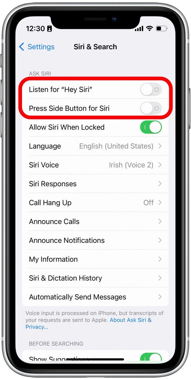 Wenn die Schalter grau sind, bedeutet dies, dass Siri deaktiviert ist.  Tippen Sie auf einen oder beide, sodass sie grün werden und Siri aktivieren.